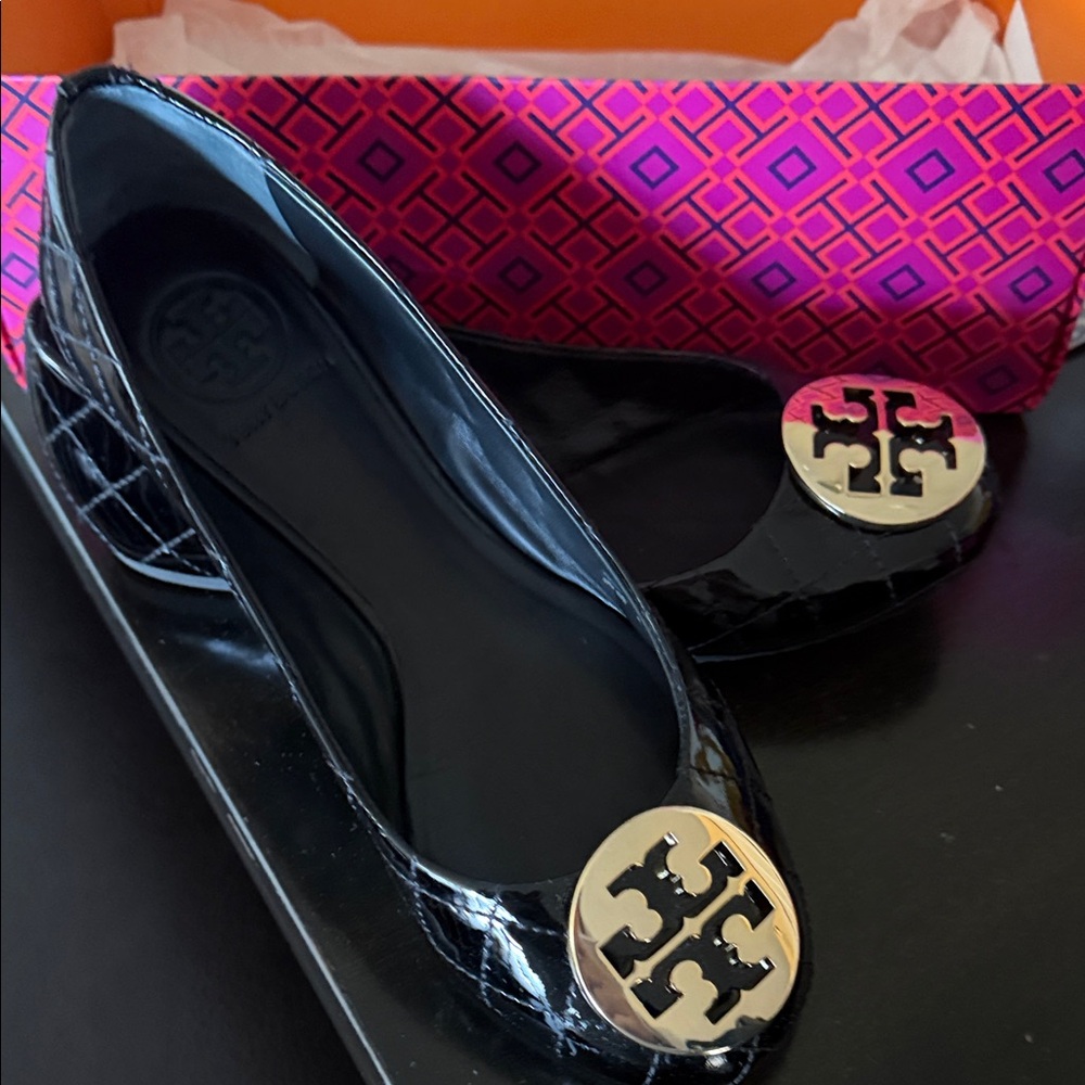 Tory Burch Black Patent Flats with Gold Accents